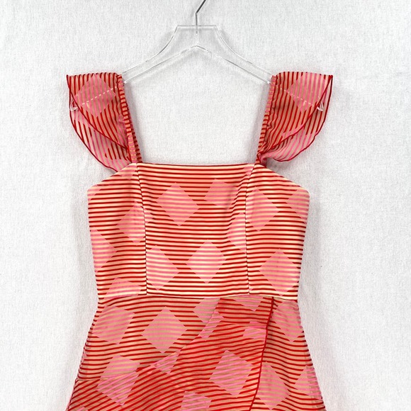 ALICE + OLIVIA Angelita Dress Women 4 Red Pink Sheer Stripe Ruffle Layered Party - Picture 10 of 16